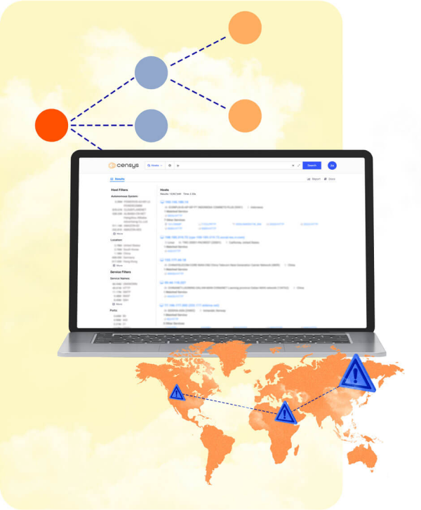 Censys Internet Map — laptop showing search results with a world map overlay and network graph visualization
