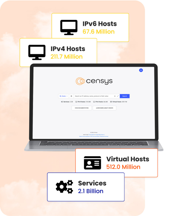 Censys Threat Hunting — laptop showing the Censys search interface with IPv4 Hosts 211.7 Million, IPv6 Hosts 67.6 Million, Virtual Hosts 512.0 Million, and Services 2.1 Billion